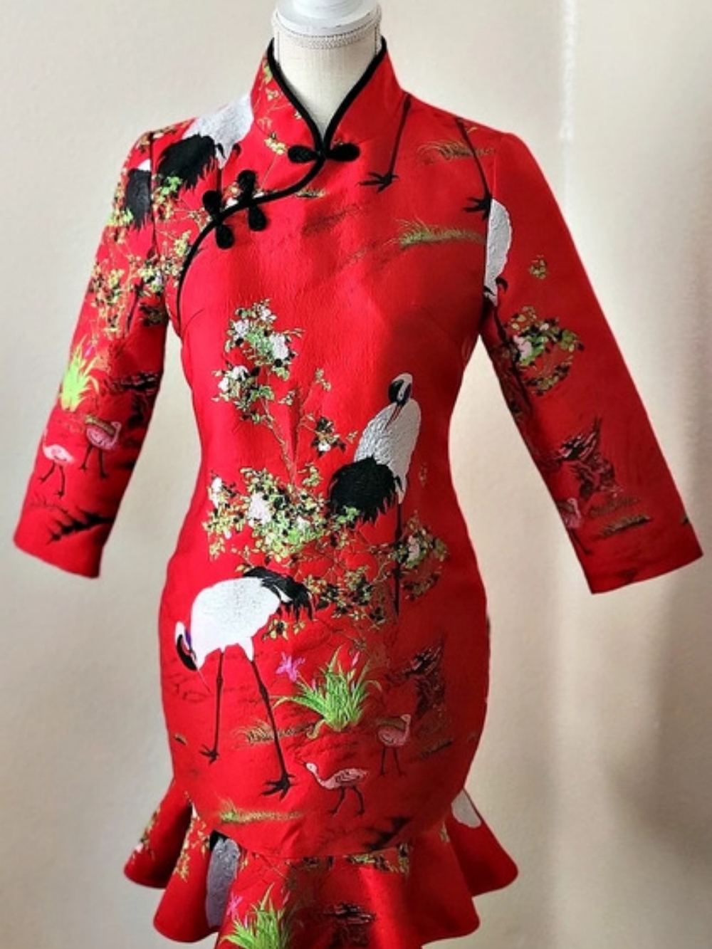 Red Silk Blend Embroidered Crane Qipao Fishtail Dress XS